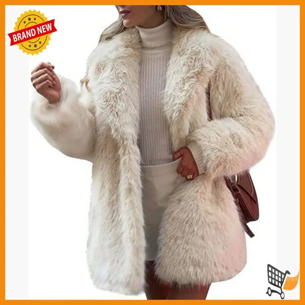 Long Faux Fur Coat Winter Jacket Lapel Collar Snap Button Pockets